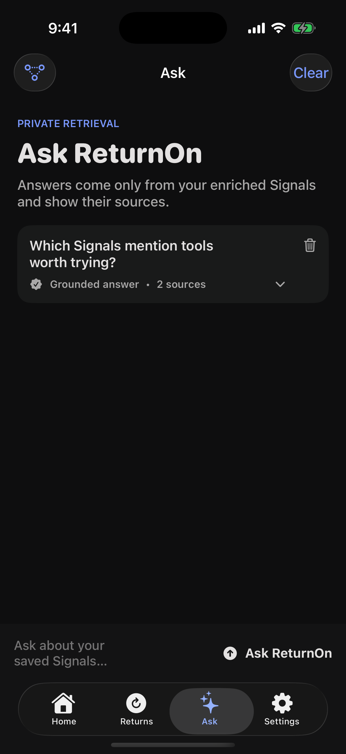 ReturnOn.Me Ask screen showing a grounded answer from saved Signals.